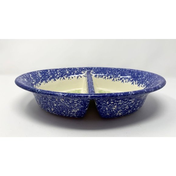 MOLLY DALLAS ROUND DIVIDED VEGETABLE BOWL ~ Pig Cow Blue Spatterware Farmhouse - Picture 5 of 10